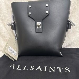 All Saints Black Leather Messenger Bag with Silver Hardware